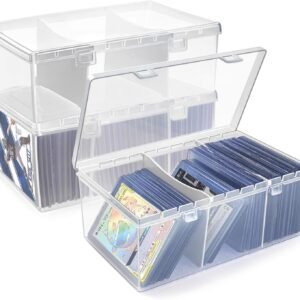 2PCS Toploads Storage Box,Trading Card Storage Box with Dividers Plastic Baseball Card Storage Box for 500+ Sports Cards 100+ Top Loads for MTG Magic TCG Yugioh Card Case Holder Organizer
