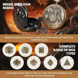 D&D Dice Set,7PCS Metal Dice for Dungeons and Dragons,Mini Dice Set with Pocket Watch Case,Role Playing Board Games Accessories (Dragon, Bronze)