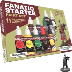 The Army Painter Warpaints Fanatic: Starter Set, 11 paints: 7 acrylic colours, 2 Metallics, 1 Wash, 1 Brush-On Primer, 1 Free Miniature figure and Starter Brush